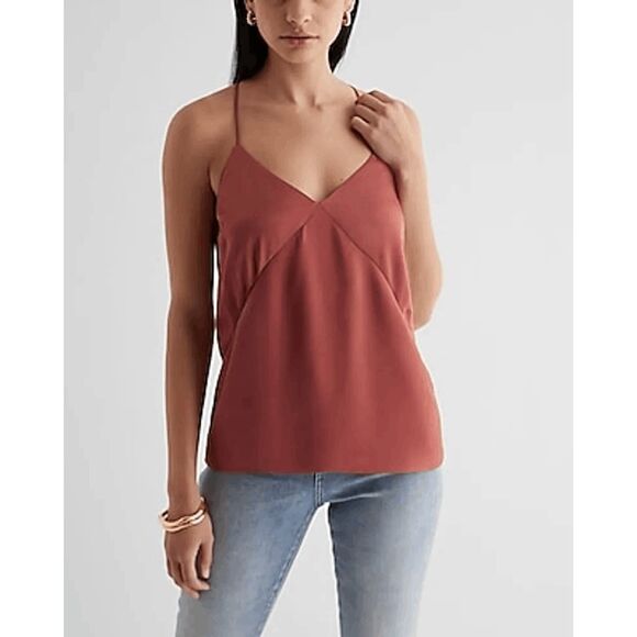 Express Satin Seamed V-Neck Cross-Back Downtown Cami Small NWT Mauve Orange - Picture 8 of 8